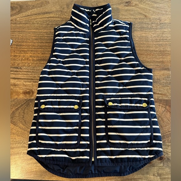 EUC** J Crew Down Filled Puffer Vest Blue Cream Striped Zip Up Women’s Size XXS - Picture 1 of 8